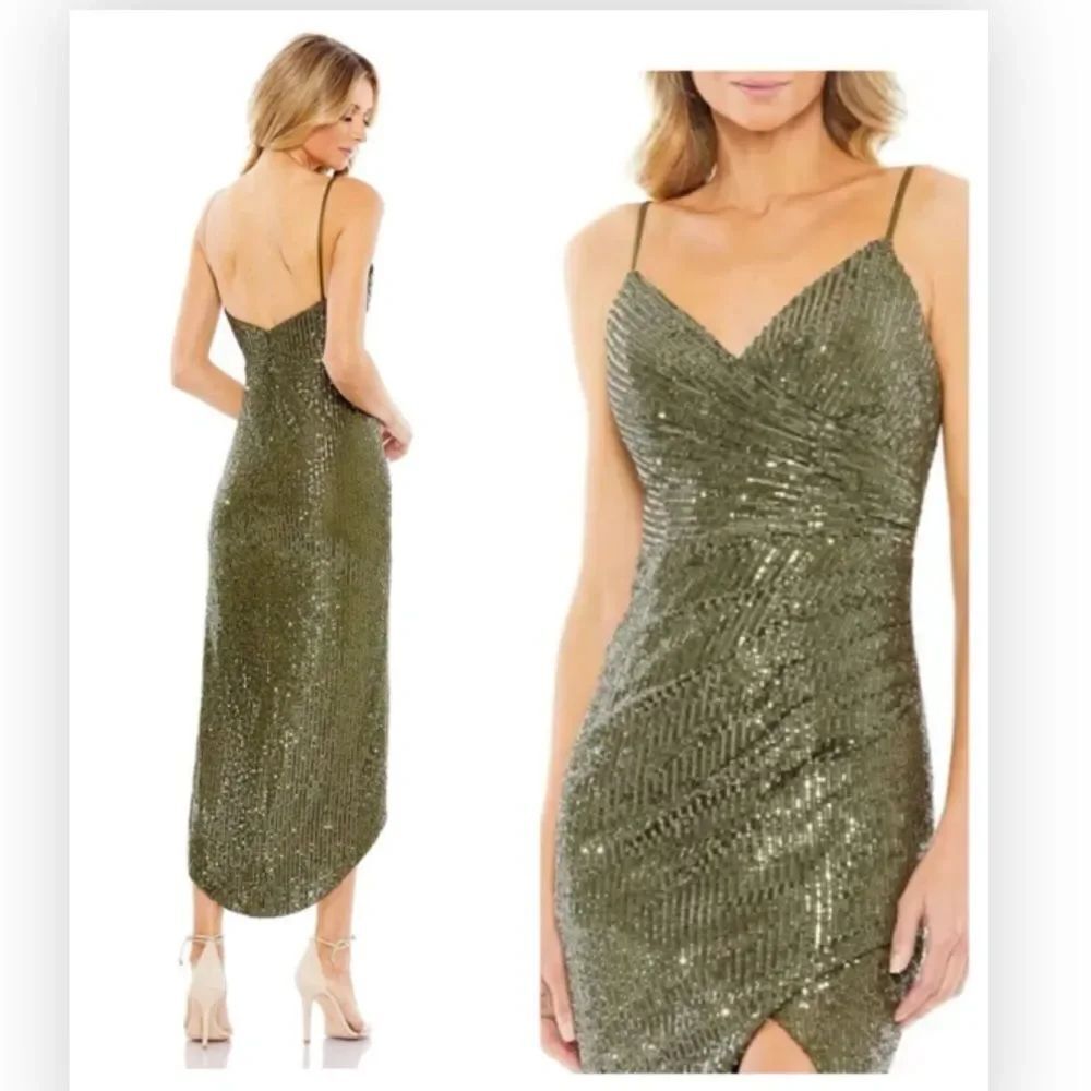 Mac Duggal 11272 Green Sequined Faux Wrap Asymmetrical Hem Dress $398